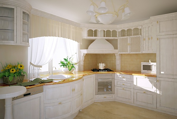  Cocina blanca con campana de esquina.