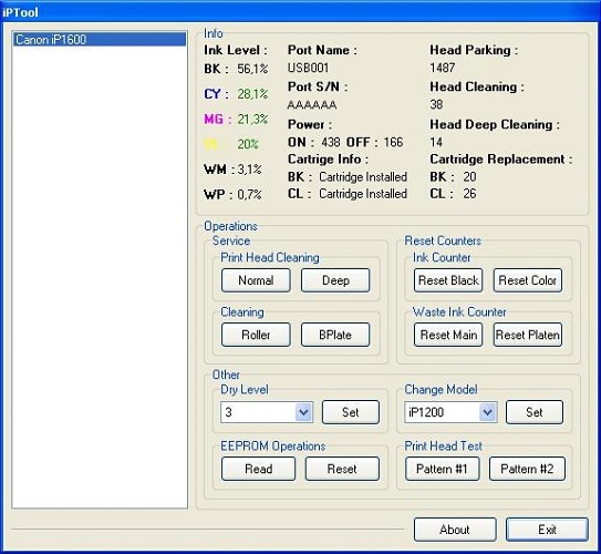  Programa de restablecimiento de tinta Iptool